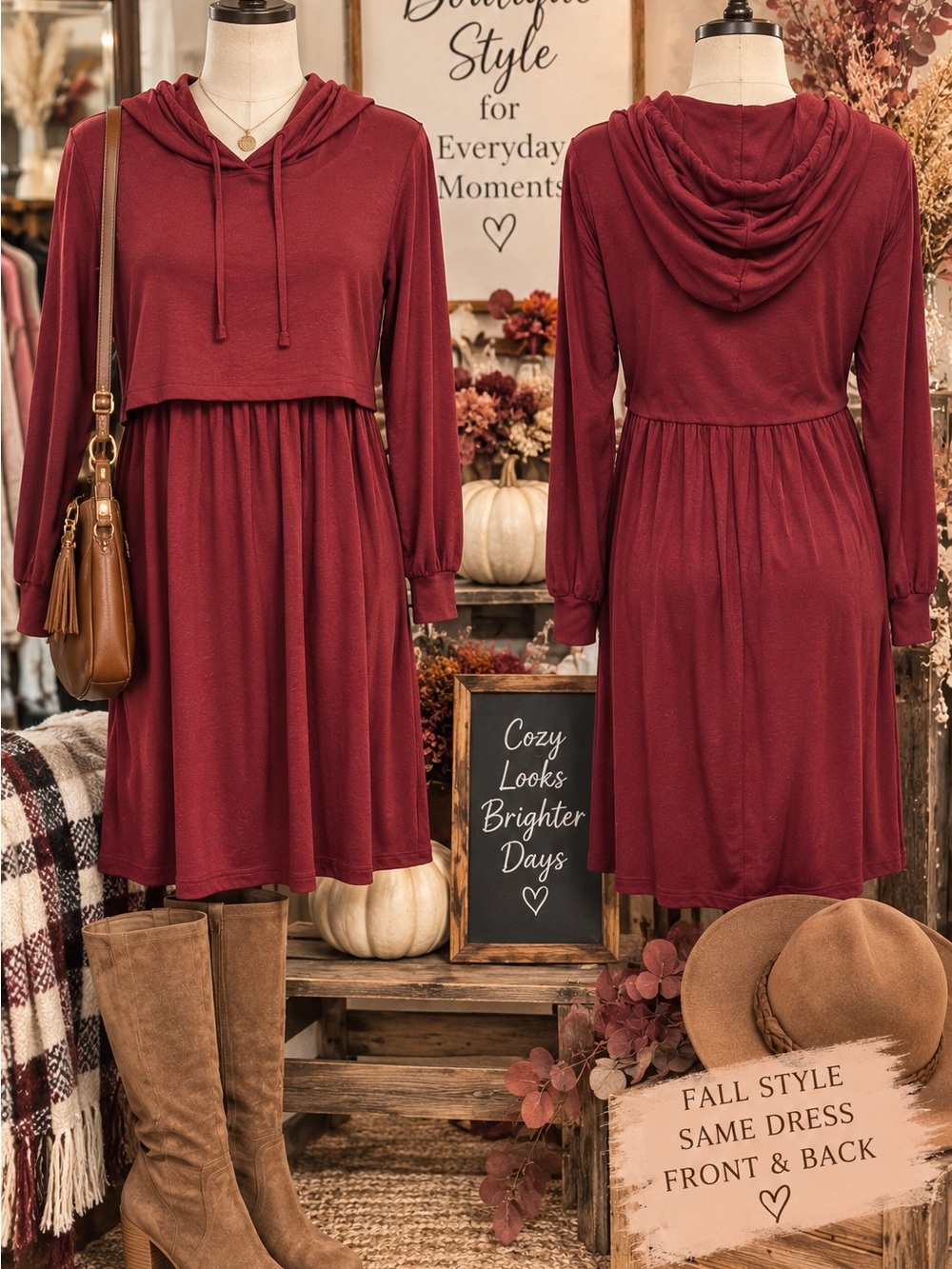 Women's Burgundy Hooded Long-Sleeve Knee Dress